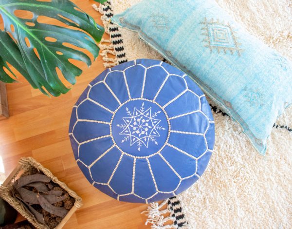 Moroccan Blue Leather Pouf