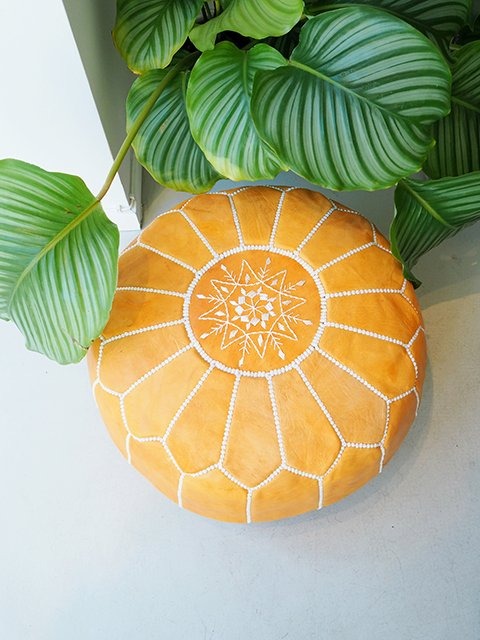 Moroccan Orange Leather Pouf